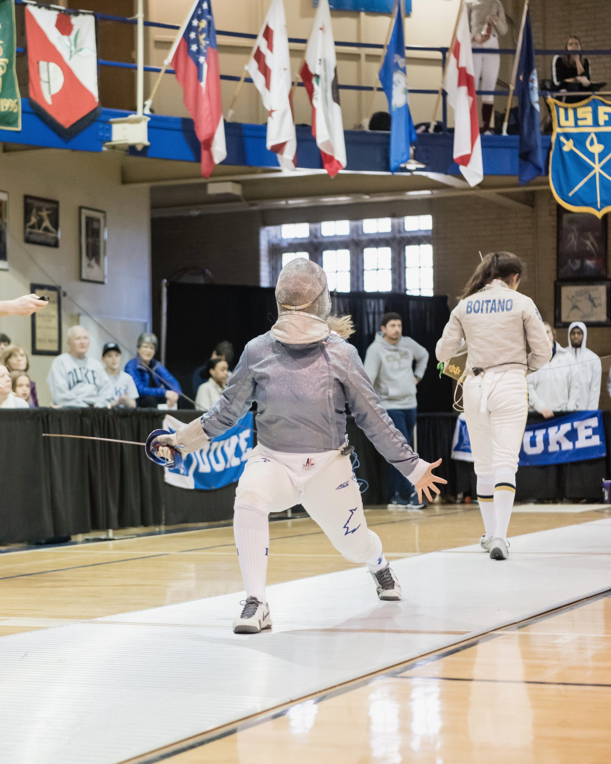 Duke Women's Fencing takes on the Temple University Owls and the University of Notre Dame Leprechauns at Card gym in Durham, North Carolina on February 9, 2020.